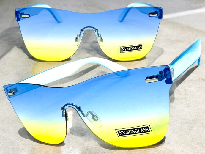 Classic Modern Retro Shield Style SUNGLASSES Rimless Blue Frame 1190