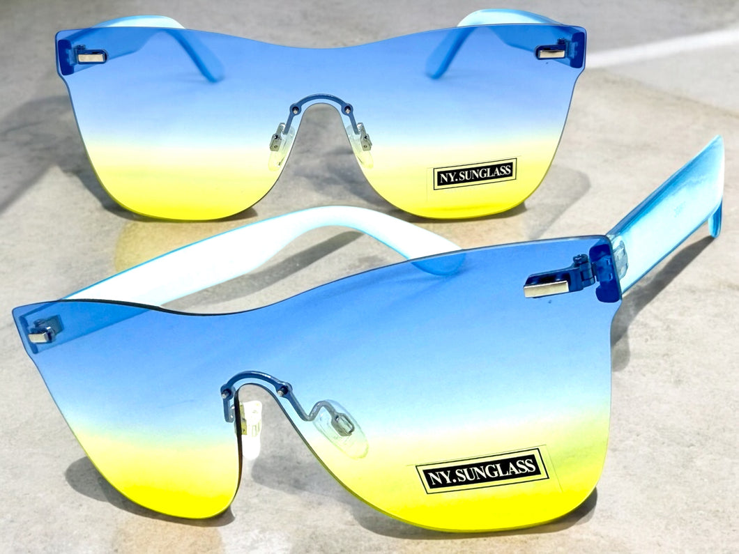 Classic Modern Retro Shield Style SUNGLASSES Rimless Blue Frame 1190