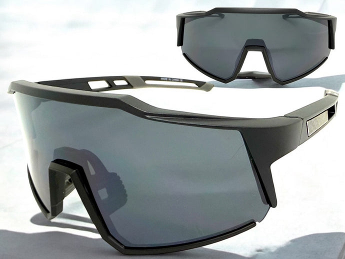 Oversized Sporty Wrap Around Shield SUNGLASSES Large Black Frame Dark Lens E2095