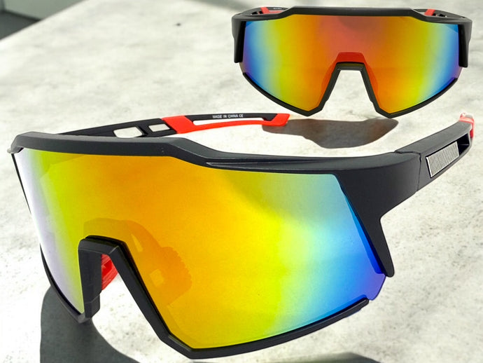 Oversized Sporty Wrap Around Shield SUNGLASSES Large Black Frame Gold Lens E2095