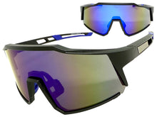 Oversized Sporty Wrap Around Shield SUNGLASSES Large Black Frame Blue Lens E2095