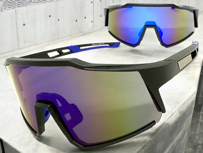 Oversized Sporty Wrap Around Shield SUNGLASSES Large Black Frame Blue Lens E2095