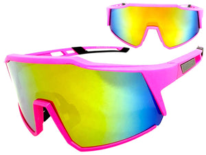 Oversized Sporty Wrap Around Shield SUNGLASSES Large Hot Pink Frame Gold Lens E2095