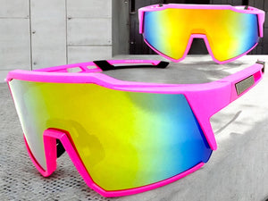 Oversized Sporty Wrap Around Shield SUNGLASSES Large Hot Pink Frame Gold Lens E2095