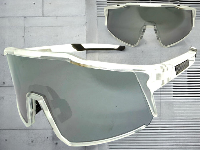 Oversized Sporty Wrap Around Shield SUNGLASSES Large Frosted Frame Chrome Lens E2095