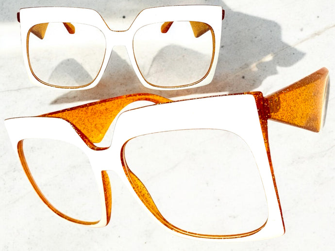 Oversized Vintage Retro Style Clear Lens EYEGLASSES Large Square White & Orange Frame 4464