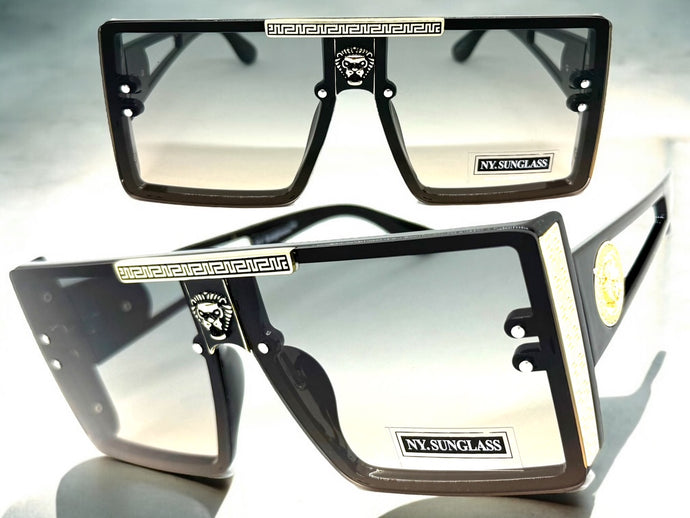 Oversized Luxury Hip Hop Shield Style SUNGLASSES Large Black & Gold Frame 5421