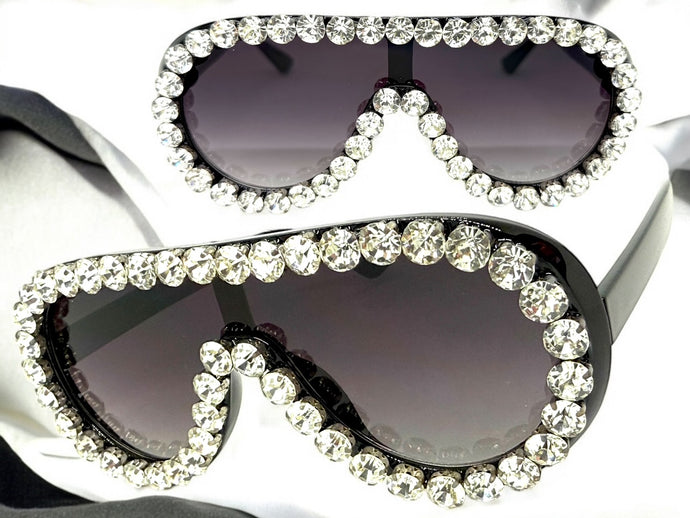 Oversized Exaggerated Retro Shield Style Bling Sunglasses Large Black Frame with Sparkling Rhinestones 80187