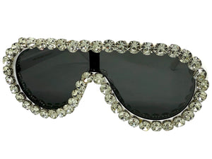 Oversized Exaggerated Retro Shield Style Bling Sunglasses Large White Frame with Sparkling Rhinestones 80187