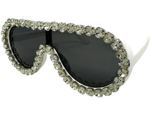 Oversized Exaggerated Retro Shield Style Bling Sunglasses Large White Frame with Sparkling Rhinestones 80187