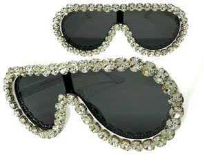 Oversized Exaggerated Retro Shield Style Bling Sunglasses Large White Frame with Sparkling Rhinestones 80187