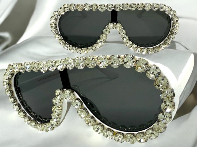 Oversized Exaggerated Retro Shield Style Bling Sunglasses Large White Frame with Sparkling Rhinestones 80187