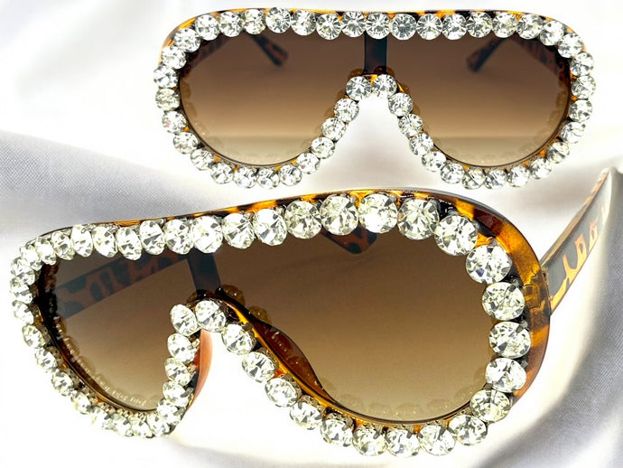 Oversized Exaggerated Retro Shield Style Bling Sunglasses Large Tortoise Frame with Sparkling Rhinestones 80187