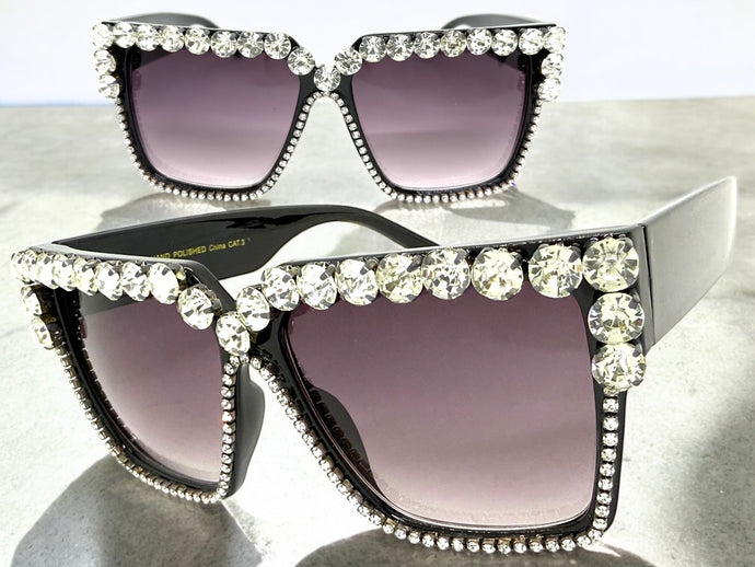 Oversized Exaggerated Retro Style Bling Sunglasses Large Black Frame with Sparkling Rhinestones 3253
