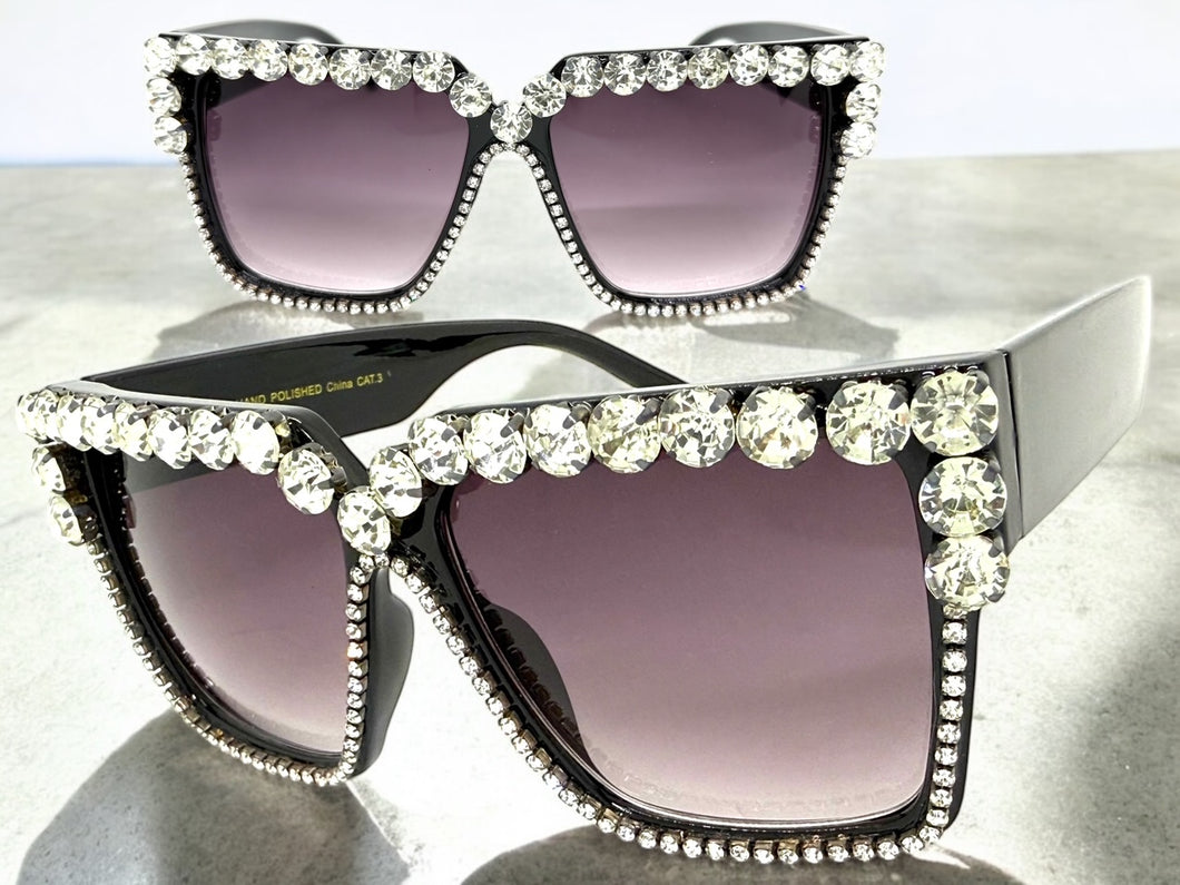 Oversized Exaggerated Retro Style Bling Sunglasses Large Black Frame with Sparkling Rhinestones 3253