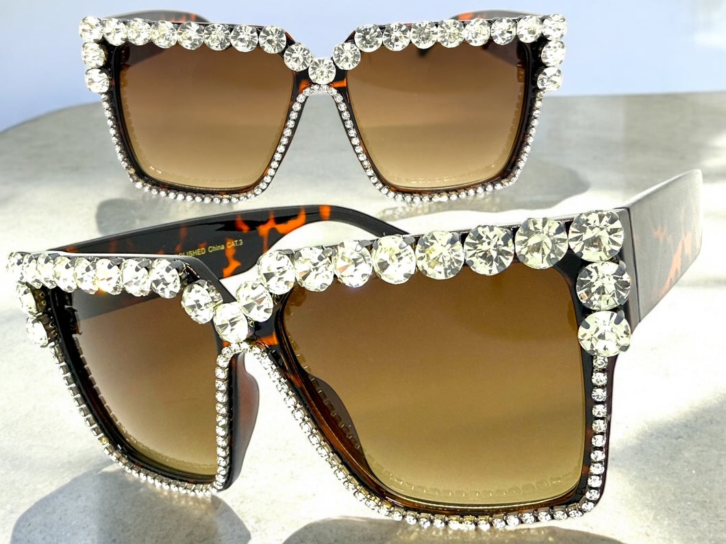 Oversized Exaggerated Retro Style Bling Sunglasses Large Tortoise Frame with Sparkling Rhinestones 3253