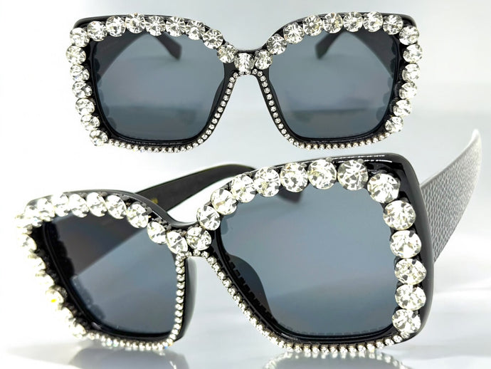 Oversized Exaggerated Retro Style Bling Sunglasses Large Black Frame with Sparkling Rhinestones 3250