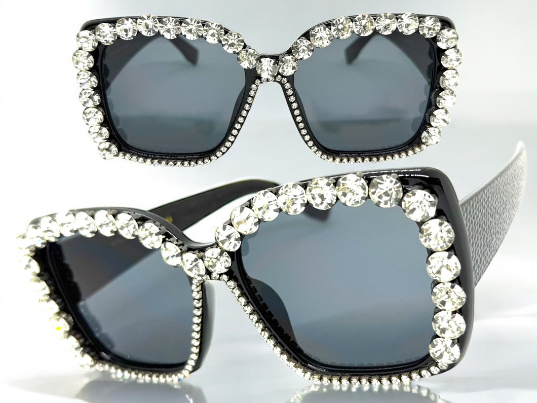 Oversized Exaggerated Retro Style Bling Sunglasses Large Black Frame with Sparkling Rhinestones 3250