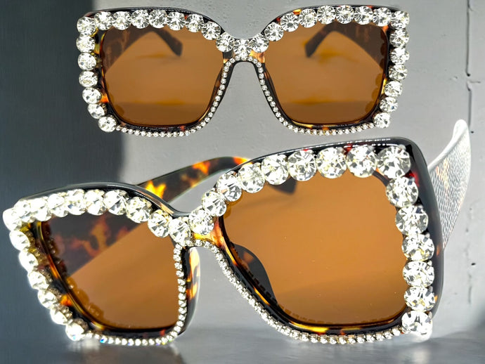 Oversized Exaggerated Retro Style Bling Sunglasses Large Tortoise Frame with Sparkling Rhinestones 3250