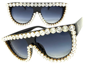 Oversized Exaggerated Retro Shield Style Bling Sunglasses Large Black Frame with Sparkling Rhinestones 6618