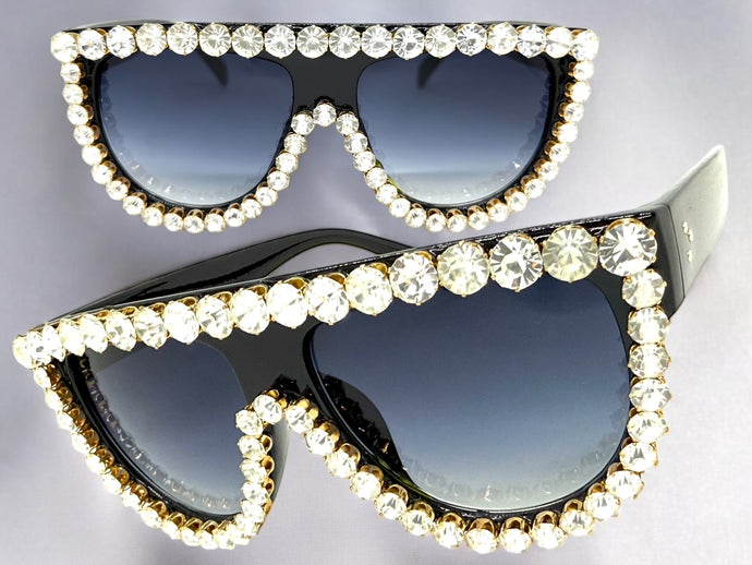 Oversized Exaggerated Retro Shield Style Bling Sunglasses Large Black Frame with Sparkling Rhinestones 6618