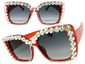 Oversized Exaggerated Retro Style Bling Sunglasses Large Red Frame with Sparkling Rhinestones 3250