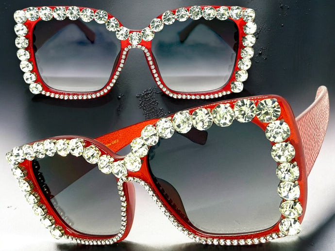 Oversized Exaggerated Retro Style Bling Sunglasses Large Red Frame with Sparkling Rhinestones 3250