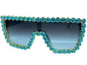 Oversized Exaggerated Retro Shield Style Bling Sunglasses Large Blue Frame with Sparkling Rhinestones 3265