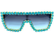 Oversized Exaggerated Retro Shield Style Bling Sunglasses Large Blue Frame with Sparkling Rhinestones 3265