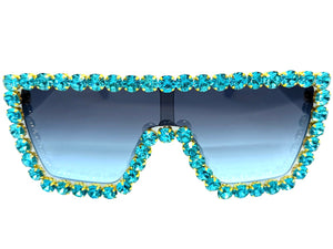 Oversized Exaggerated Retro Shield Style Bling Sunglasses Large Blue Frame with Sparkling Rhinestones 3265