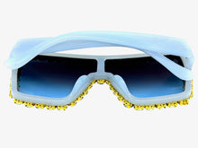 Oversized Exaggerated Retro Shield Style Bling Sunglasses Large Blue Frame with Sparkling Rhinestones 3265