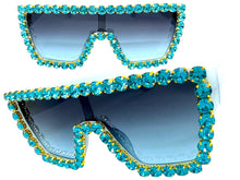 Oversized Exaggerated Retro Shield Style Bling Sunglasses Large Blue Frame with Sparkling Rhinestones 3265