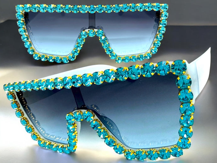 Oversized Exaggerated Retro Shield Style Bling Sunglasses Large Blue Frame with Sparkling Rhinestones 3265