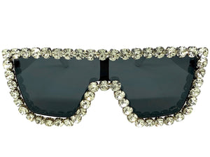 Oversized Exaggerated Retro Shield Style Bling Sunglasses Large White Frame with Sparkling Rhinestones 3265