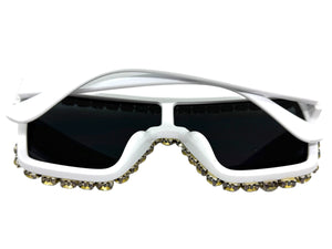 Oversized Exaggerated Retro Shield Style Bling Sunglasses Large White Frame with Sparkling Rhinestones 3265