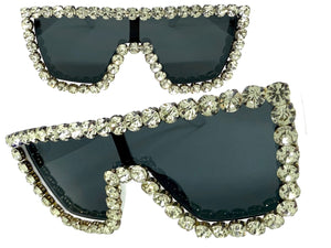 Oversized Exaggerated Retro Shield Style Bling Sunglasses Large White Frame with Sparkling Rhinestones 3265