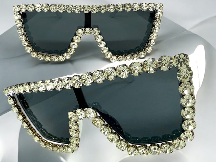Oversized Exaggerated Retro Shield Style Bling Sunglasses Large White Frame with Sparkling Rhinestones 3265