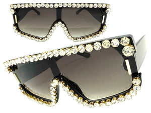 Oversized Exaggerated Retro Shield Style Bling Sunglasses Large Black Frame with Sparkling Rhinestones 80130
