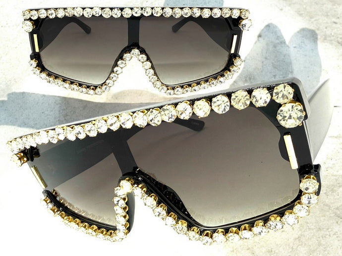 Oversized Exaggerated Retro Shield Style Bling Sunglasses Large Black Frame with Sparkling Rhinestones 80130