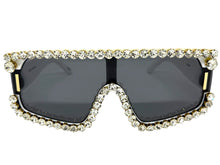Oversized Exaggerated Retro Shield Style Bling Sunglasses Large White Frame with Sparkling Rhinestones 80130