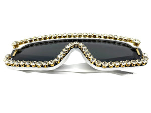 Oversized Exaggerated Retro Shield Style Bling Sunglasses Large White Frame with Sparkling Rhinestones 80130