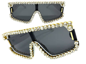 Oversized Exaggerated Retro Shield Style Bling Sunglasses Large White Frame with Sparkling Rhinestones 80130