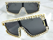 Oversized Exaggerated Retro Shield Style Bling Sunglasses Large White Frame with Sparkling Rhinestones 80130