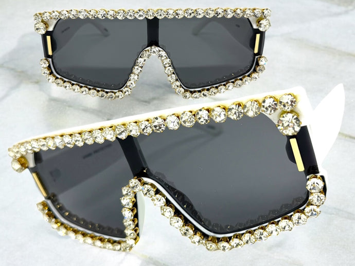 Oversized Exaggerated Retro Shield Style Bling Sunglasses Large White Frame with Sparkling Rhinestones 80130