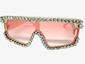 Oversized Exaggerated Retro Shield Style Bling Sunglasses Large Pink Frame with Sparkling Rhinestones 80130