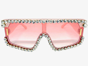 Oversized Exaggerated Retro Shield Style Bling Sunglasses Large Pink Frame with Sparkling Rhinestones 80130