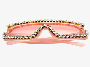 Oversized Exaggerated Retro Shield Style Bling Sunglasses Large Pink Frame with Sparkling Rhinestones 80130