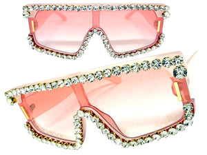 Oversized Exaggerated Retro Shield Style Bling Sunglasses Large Pink Frame with Sparkling Rhinestones 80130