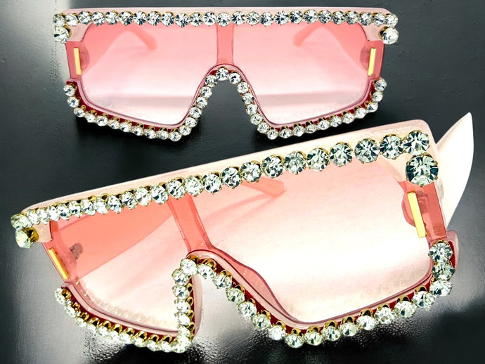 Oversized Exaggerated Retro Shield Style Bling Sunglasses Large Pink Frame with Sparkling Rhinestones 80130