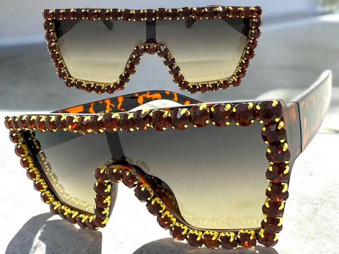 Oversized Exaggerated Retro Shield Style Bling Sunglasses Large Tortoise Frame with Sparkling Rhinestones 3265